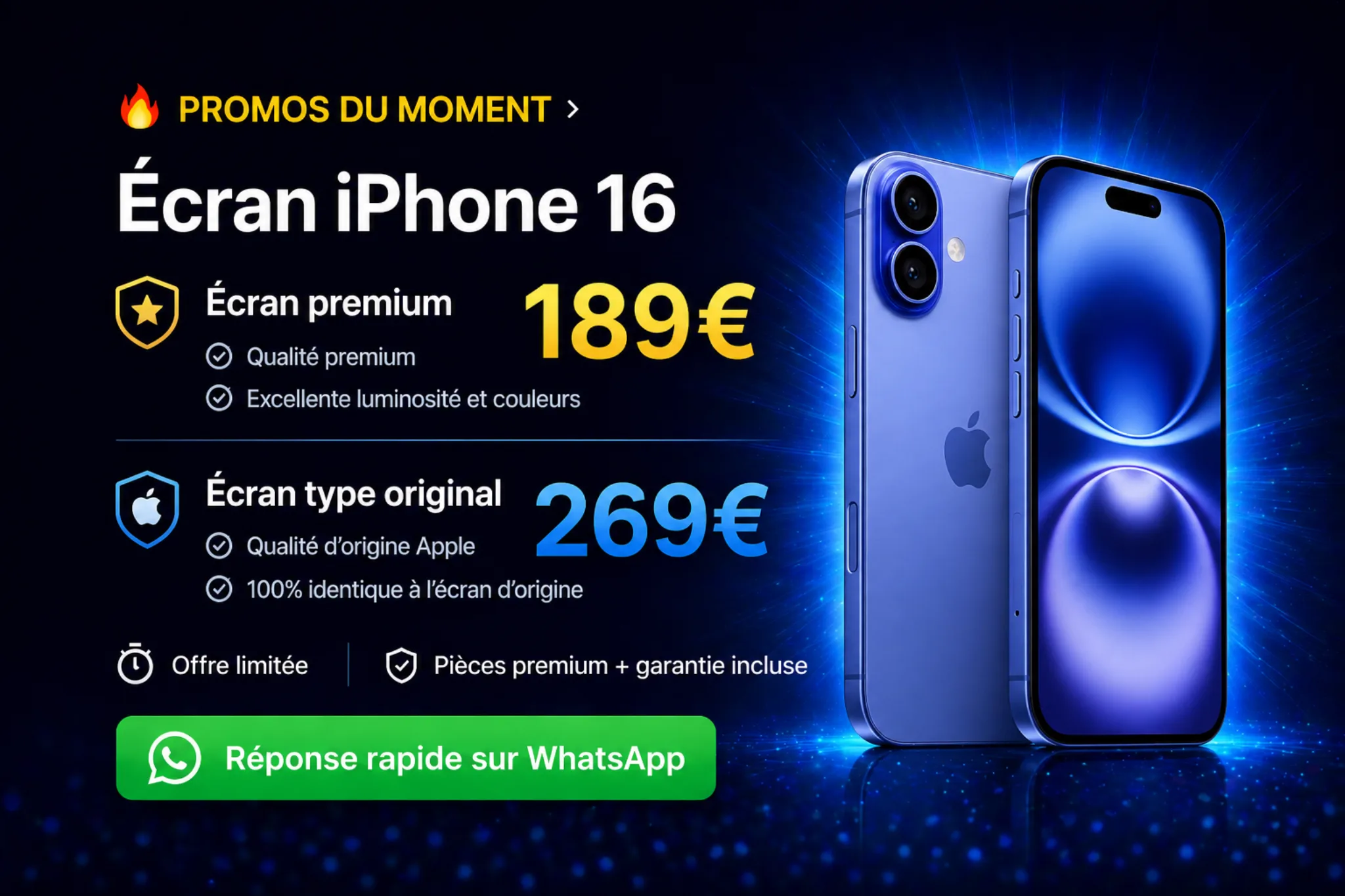 Écran iPhone 16 premium à 189 euros ou type original à 269 euros