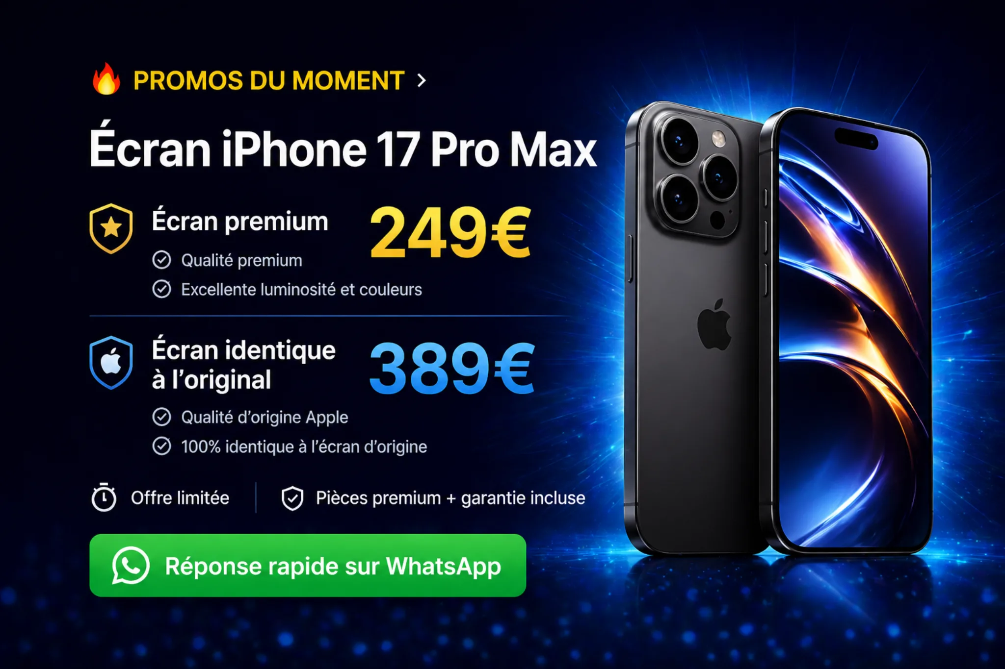 Écran iPhone 17 Pro Max premium à 249 euros ou identique à l’original à 389 euros